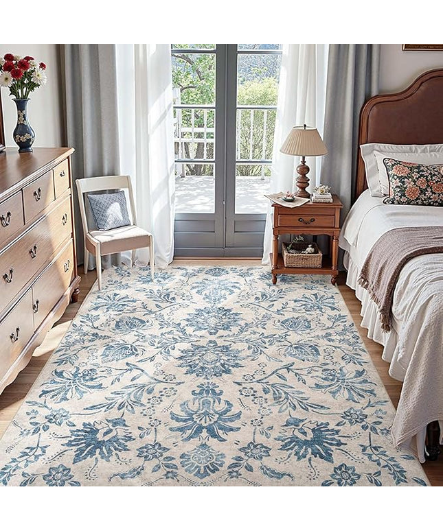 jinchan Torino Floral 5x7 Area Rugs, Vintage-Inspired Design Accent Rug, Machine Washable Ultra-Thin Low-Pile Non-Slip Traditional Carpet for Living Room Bedroom Dining Room Home Office, Turquoise