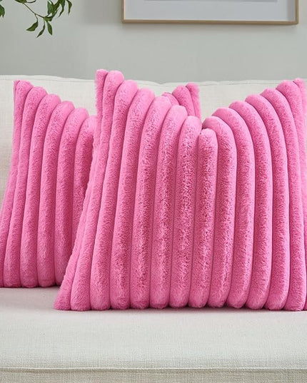 FUTEI Hot Pink Throw Pillow Covers Set of 2, 16x16 Inch Striped Texture Cushion Cases with Soft Faux Rabbit Fur Front & Velvet Back, Modern Decorative Couch Pillows for Living Room
