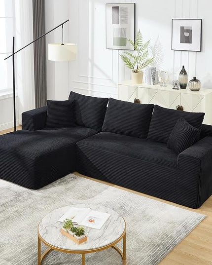 PELUMY 108.7" L-Shaped Modular Sectional Sofa with Oversized Chaise, Cloud Couch with Memory Foam, No Assembly Required Sleeper Sofa for Small Space Living Room, Apartment (Black, Corduroy)