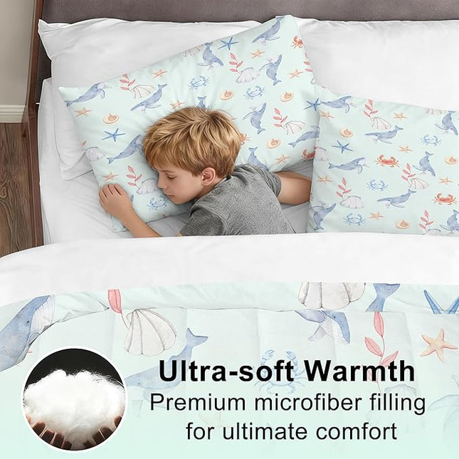 Whale Bedding Set Twin Size Light Blue Boys Ocean Comforter Set Twin Size Marine Life Bed Set Crab, Shell, Starfish Pattern Bedding for Kids Cute Ocean Quilt Set with 1 Comforter+ 1 Pillowcase