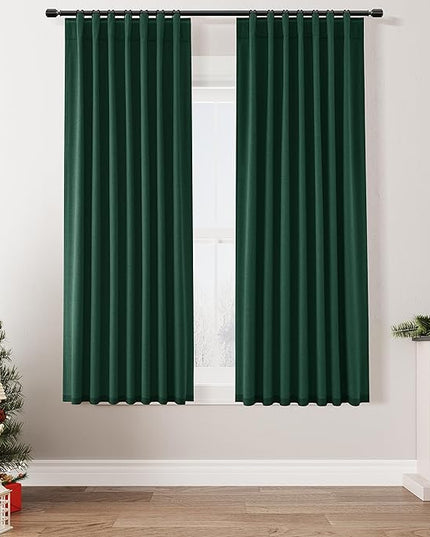Guken Dark Green Blackout Curtains 63 Inch Length 2 Panels Set for Living Room Bedroom Back Tab Thermal Insulated 100% Black Out Linen Drapes Christmas Decor 52x63 Long