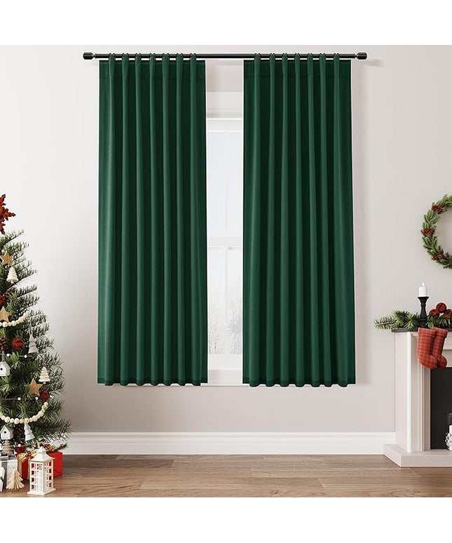 Guken Dark Green Blackout Curtains 63 Inch Length 2 Panels Set for Living Room Bedroom Back Tab Thermal Insulated 100% Black Out Linen Drapes Christmas Decor 52x63 Long