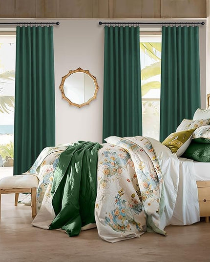 Dark Green Curtains 108 Inches Long for Living Room 2 Panels Back Tab Pocket Semi Sheer Linen Deep Hunter Forest Curtains for Patio Door Aesthetic Academia Decor Christmas Background Cortinas Verdes