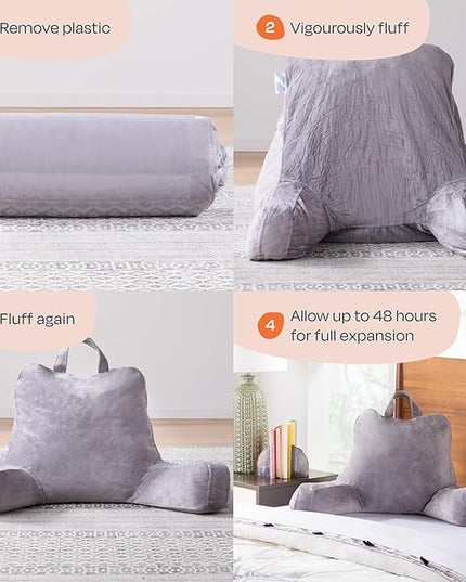 Linenspa Reading Pillow with Shredded Memory Foam- X-Large Size - Back Pillow for Sitting in Bed, Reading, Gaming, Watching TV – Bed Chair with Arms, Dorm Room Essentials, Stone