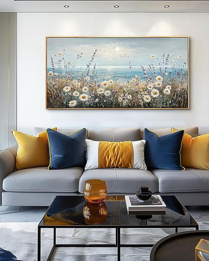 PHAOHUAXM Large Canvas Wall Decoration For Living Room Wall Art For Bedroom Office Decorations Blue Ocean Paintings Flowers Watercolour Wall Pictures Canvas Artworks Home Decor Wood Framed 24x48 In