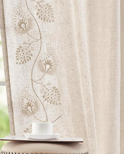 jinchan Linen Paisley Curtains 84 Inch Long for Bedroom Living Room, Embroidered French Country Farmhouse Drapes Back Tab, Light Filtering Cottagecore Boho Window Curtains, Ivory on Ecru, 2 Panels