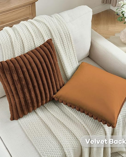 FUTEI Rust Throw Pillow Covers Set of 2, 22x22 Inch Striped Texture Cushion Cases with Soft Faux Rabbit Fur Front & Velvet Back, Modern Decorative Couch Pillows for Living Room