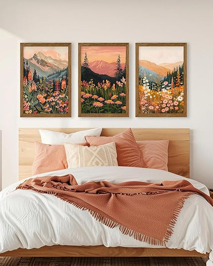 InspiredHues Large Colorful Landscape Boho Canvas Wall Art Set, 3 Piece Wildflower Mountain Wall Decor, Vintage Floral Rustic Nature Artwork Prints for Living Room Bedroom Office 20x30 In Wood Framed