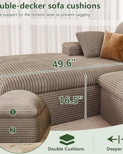 107" Cloud Couch Modular Sectional Sofa for Living Room, L-Shape Boneless Couch with Deep Seat, Modern Corduroy 3-Seater, No Assembly Required (Camel,Left-Facing Chaise)