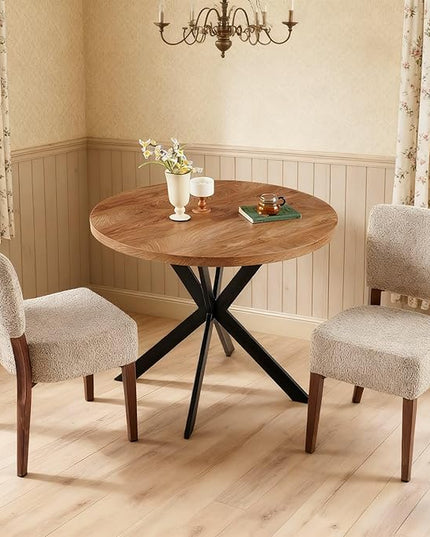 Small 37" Round Dining Table Set for 2, Mid Century Modern Circle Coffee Set, 2 Upholstered Stackable Dining Room Chairs for Apartment, Space Saving, Wood Grain&Light Brown