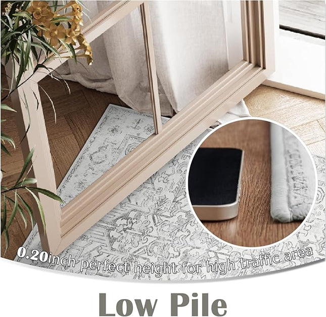 jinchan Lima Hallway Runner Rug 2x10 Washable - Vintage Floral Non Slip Low-Pile Soft Ultra-Thin Faux Wool Kitchen Rug Distressed Carpet Runner for Farmhouse Bedroom Laundry (2x10ft, Grey)