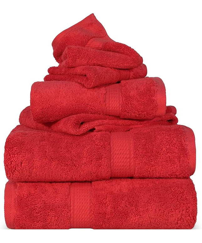 Superior Egyptian Cotton Pile 6 Piece Towel Set, Includes 2 Bath, 2 Hand, 2 Face Towels/Washcloths, Ultra Soft Luxury Towels, Thick Plush Essentials, Guest Bath, Spa, Hotel Bathroom, Red