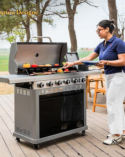 Captiva Designs 6-Burner Propane Gas BBQ Grill with Side Burner & Porcelain-Enameled Cast Iron Grate and Plate for Outdoor Barbucue Events, 52,000 BTU Output,740 SQ.IN. Cooking Area，Heavy Duty