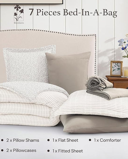 King Comforter Set - 7 Pieces Beige Gauze Muslin Bedding Sets for All Seasons, Lightweight Breathable Bed in a Bag King with Revesible Farmhouse Comforter, Sheets, Pillowcases & Shams