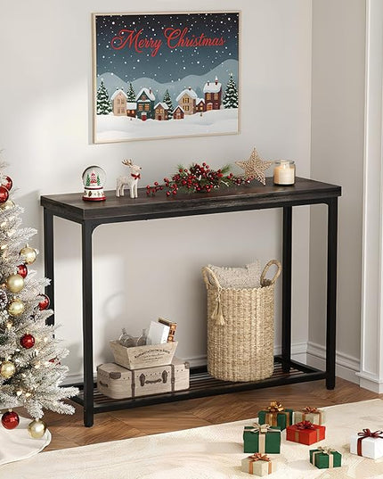 32" Small Console Table, 2-Tier Narrow Entryway Table, Sofa Table with Mesh Shelves, Console Tables for Living Room, Hallway, Entryway, Farmhouse Console Table with Storage, Oak Grey