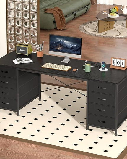 60 Inch Computer Desk with 8 Drawers, Home Office Desk with Power Outlets, Work Study Gaming Desk with 8 Fabric Drawers, Black