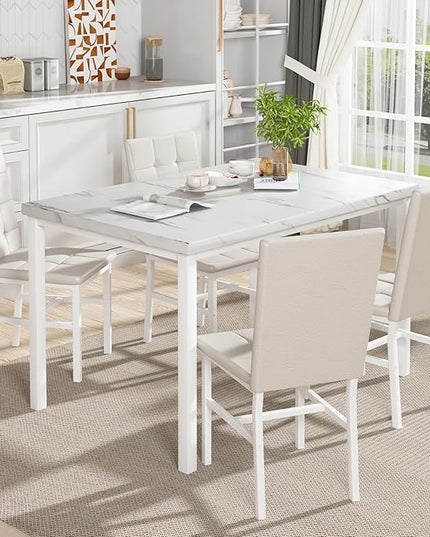 Hooseng Dining Room Table Set 5 Piece Dining Table Set Marble Dining Table 4 Chair Dining Table Set for Kitchen Living Room Breakfast Small Spaces (White)