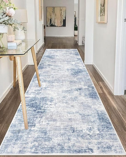 IOHOUZE Abstract Runner Rug 3x10 Ft Washable Runners for Hallways, Non Slip Kitchen Runner Printed Faux Wool Entryway Runner Indoor, Modern Abstract Floor Carpet for Hall Bedroom, Light Blue White