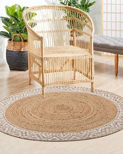voyzz home Premium Natural Jute Braided Area Rug, 5-feet Round, White Printed Border, Stain Resistance, Natural Handmade Rug for Entryways, Living Room, Dining Room, Bedroom, Farmhouse, Kitchen