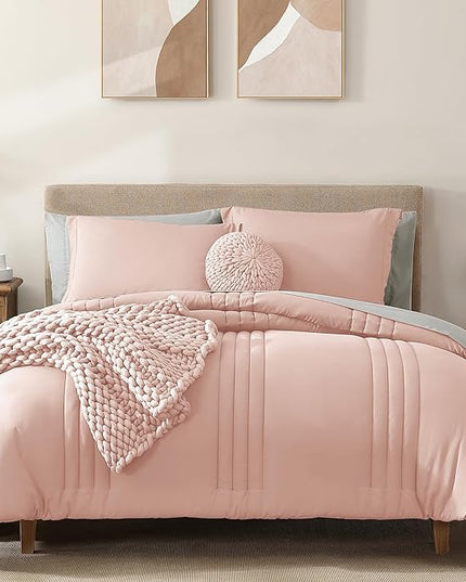 Monbix Twin XL Size Comforter Set - Extra Long 5 Pieces Dorm Bedding Sets, Quilting Design Fluffy Bed in a Bag Twin XL with Sheets, Pillowcase & Sham(Light Pink)