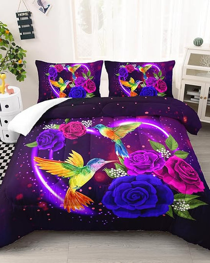 AILONEN 3D Hummingbird Comforter Set Queen Size, Lovely Heart Pattern with Rose Bedding Set for Girls Women,Deep Purple Galaxy Bed in a Bag,3 Pieces,1 Quilt and 2 Pillowcases,Soft Microfiber
