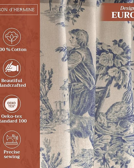 Maison d' Hermine Curtains for Living Room 100% Cotton 84 inch Length One Panel Light Filtering Toile Curtains for Bedroom Windows with Rod and Loop Pockets Drapes (The Miller Blue, 50" W x 84" L)