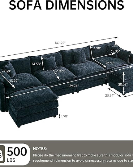Modular Sectional Sofa, 147.2 Inch U Shaped Couch Set with Armrests, 4-Seater Comfy Cloud Couches with Movable Ottoman for Living Room Apartment, Blue