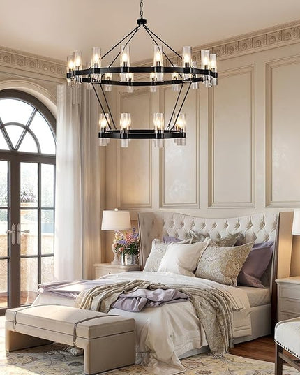48" Modern High Ceiling Chandelier, 2 Tier Wagon Wheel Chandelier with Glass Shade, 24-Lights Large Round Modern Farmhouse Pendant Lighting Fixture for Dining Room, Living Room,Kitchen, Foyer