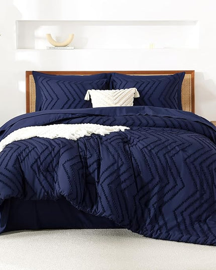 Litanika Queen Size Comforter Set with Sheets Navy Blue - 7 Pieces Bed in a Bag Queen Chevron Tufted Complete Bedding Sets with Comforter, Sheets, Pillowcases & Shams