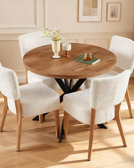 5-Piece Round Dining Table Set, Modern Small 37" Kitchen Table Chairs Set, Upholstered Stackable Dining Chairs with Metal Legs for Living Room Apartment, Space-Saving, Imitation Wood&White