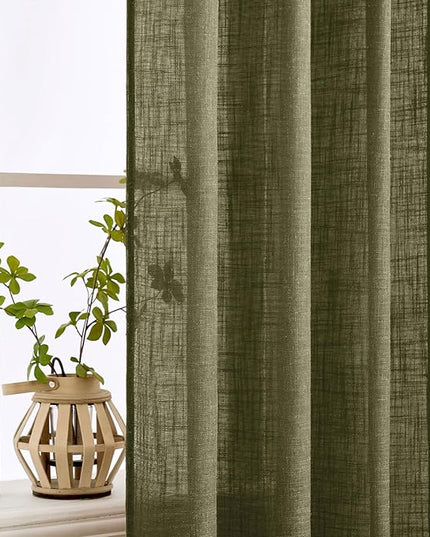 MIULEE Light Olive Green Linen Curtains 54 Inch Length 2 Panels for Bedroom Living Room, Soft Linen Textured Natural Short Window Drapes Semi Sheer Light Filtering Back Tab Rod Pocket Burlap Look