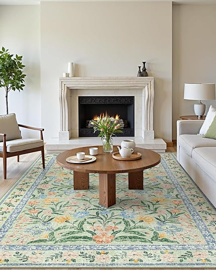 Wonnitar Machine Washable Area Rugs 9x12, Soft Sage Green Floral Rug for Living Room Bedroom, Ultra-Thin Large Foldable Boho Carpets for Playroom Classroom Dining Room