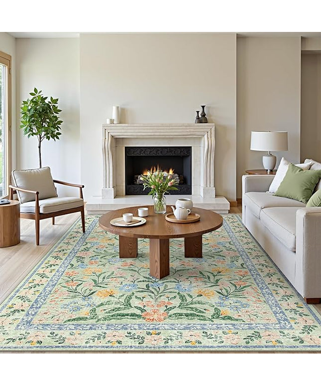 Wonnitar Machine Washable Area Rugs 9x12, Soft Sage Green Floral Rug for Living Room Bedroom, Ultra-Thin Large Foldable Boho Carpets for Playroom Classroom Dining Room