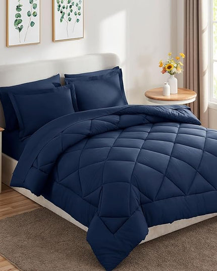 CozyLux California King Comforter Set Navy Blue - Cal King Bed in a Bag 7 Pieces, Luxury Soft Bed Set for All Seasons, Bedding Set with Down Alternative Comforter, Sheets, Pillowcases & Shams