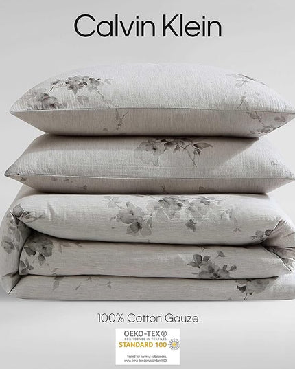 Calvin Klein - King Duvet Cover Set, Soft 100% Cotton Gauze Mélange Bedding, Tailored Knife-Edge Finish, 3 Piece Bed Set with Matching Pillowcases (Aquarelle Floral Grey)