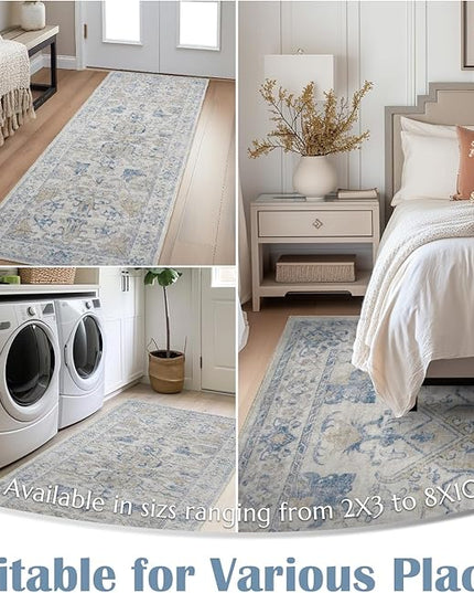 jinchan Runner Rug 2x6 Machine Washable Hallway - Vintage Floral Non-Slip Low-Pile Soft Ultra-Thin Kitchen Rug Distressed Carpet Runner for Farmhouse Bedroom Entryway Laundry Room(2x6ft, Blue)