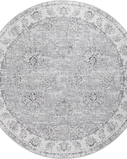 jinchan Fiora Round Rug 4ft Area Rugs Vintage Floral Distressed Design - Machine Washable Non-Slip Low-Pile Ultra-Thin Circle Rug for Entryway Bedside Living Room Dining Room Bedroom (4' Round, Grey)