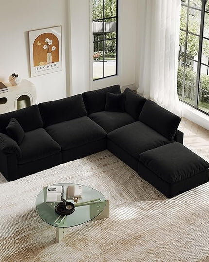 Cloud Modular Sectional Sofa,143" Down Filled Sofa 4 Seat with Chaise,Minimalist Sofa Cover Washable and Replaceable Couches for Living Room,Sectional Sofa Deep Seat Black