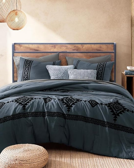 MaiRêve Embroidery Queen Size Comforter Set Blue Grey, Boho Farmhouse Western Bedding Set 7 Pieces, All Season Bed in A Bag Comforter Set with Sheets, Pillowcases & Shams