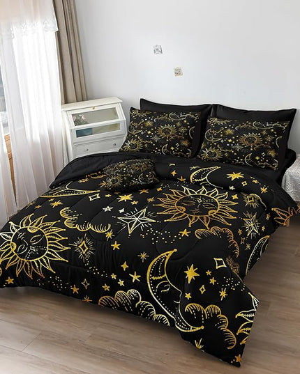 Merryword 6 Pcs Universe Bed in a Bag Sun and Moon Comforter Set Twin Size Galaxy Bedding Black Gold Moon Star Pattern Bohemian Gothic Comforter Set