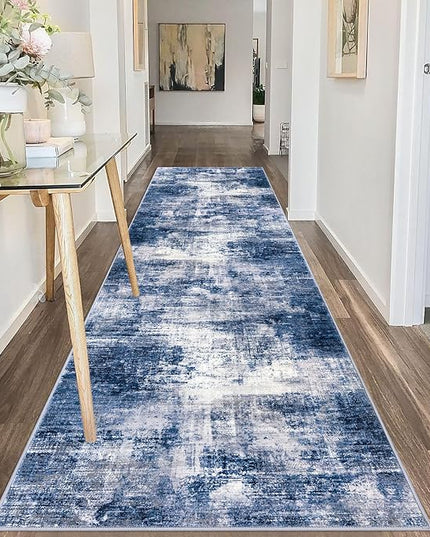 IOHOUZE Abstract Runner Rug 3x10 Ft Washable Runners for Hallways, Non Slip Kitchen Runner Printed Faux Wool Entryway Runner Indoor, Modern Abstract Floor Carpet for Hall Bedroom, Navy/Grey