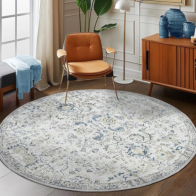 jinchan Kalen Round Rug 6ft Area Rug Washable Vintage Indoor Retro Floor Cover Distressed Floral 6' Round Circle Boho Non Slip Thin Carpet for Living Room Dining Room Bedroom Kitchen Blue
