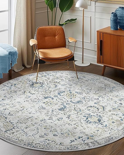 jinchan Kalen Round Rug 8ft Area Rug Washable Vintage Indoor Retro Accent Floor Cover Distressed Floral 8' Round Circle Boho Non Slip Thin Carpet for Living Room Dining Room Bedroom Kitchen Blue