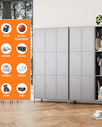 Aobabo New 9 Doors Metal Storage Locker for Employees, Lockable Steel Locker with Name Card Slot and 27 Hooks for School Office Gym Garage, Dark Grey, Assembly Required
