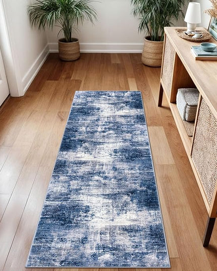 IOHOUZE Abstract Runner Rug 2x7 Ft Washable Runners for Hallways, Non Slip Kitchen Runner Printed Faux Wool Entryway Runners Indoor, Modern Abstract Floor Carpet for Hall Kitchen Bedroom, Navy/Grey