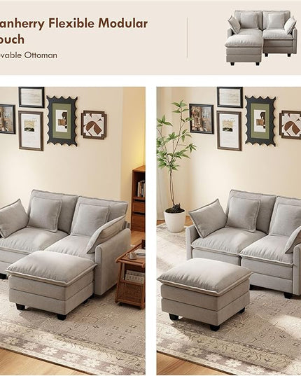 Ihanherry 57" L Shaped Modular Sectional Cloud Sofa, Modern 3 Seat Chenille Couch with Ottoman for Living Room, Bedroom and Apartment, Grey
