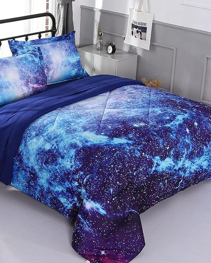 Wowelife Galaxy Bedding Twin Outer Space Comforter Set 5 Pieces Blue Cosmic Galaxy Bed Set Kids Bed in A Bag Twin for Teen Boys and Girls with Comforter, Flat Sheet, Fitted Sheet and 2 Pillowcases