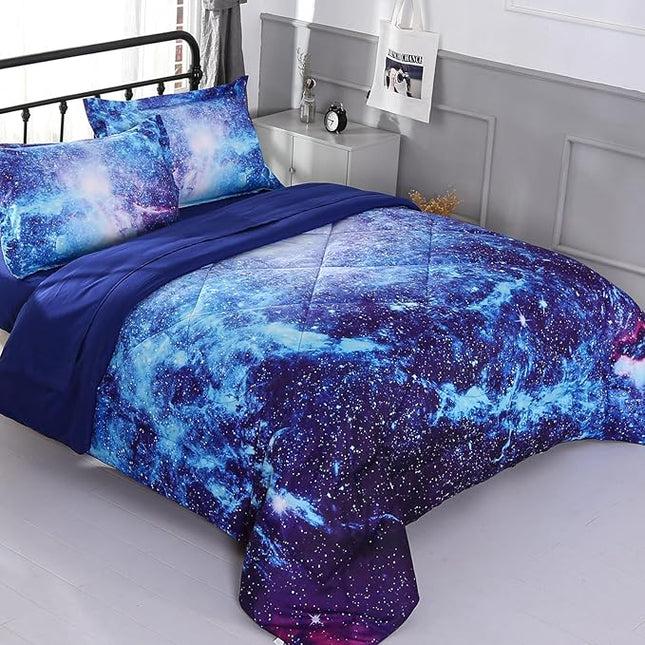 Wowelife Galaxy Bedding Twin Outer Space Comforter Set 5 Pieces Blue Cosmic Galaxy Bed Set Kids Bed in A Bag Twin for Teen Boys and Girls with Comforter, Flat Sheet, Fitted Sheet and 2 Pillowcases