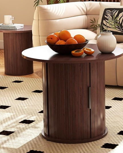 COSVALVE Nesting Coffee Table Set of 2 with Hidden Storage & Sliding Door, Circle Wood Coffee Table, Farmhouse Side & End Table Sets for Living Room, Small Spaces, Walnut