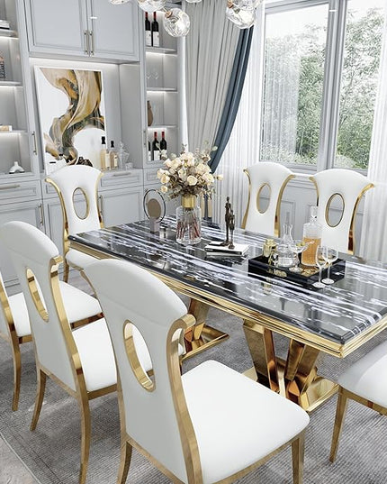 Luxury Dining Table, Black and Gold Dining Room Table, 78 inch Rectangle Dining Table with Polished Gold Double Pedestal for 4-8